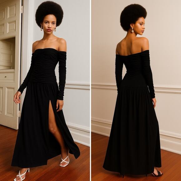 TANYA TAYLOR Marla Ruched Maxi Fit and Flare Dress Off Shoulder Long Sleeve NEW - Picture 1 of 15